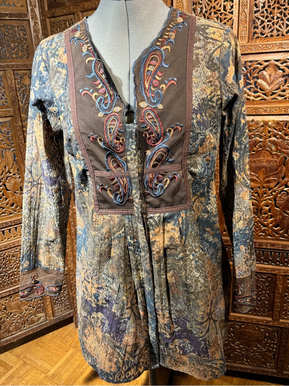 Coldwater Creek Bohemian Embroidered V-Neck Tunic  in Brown and Blue